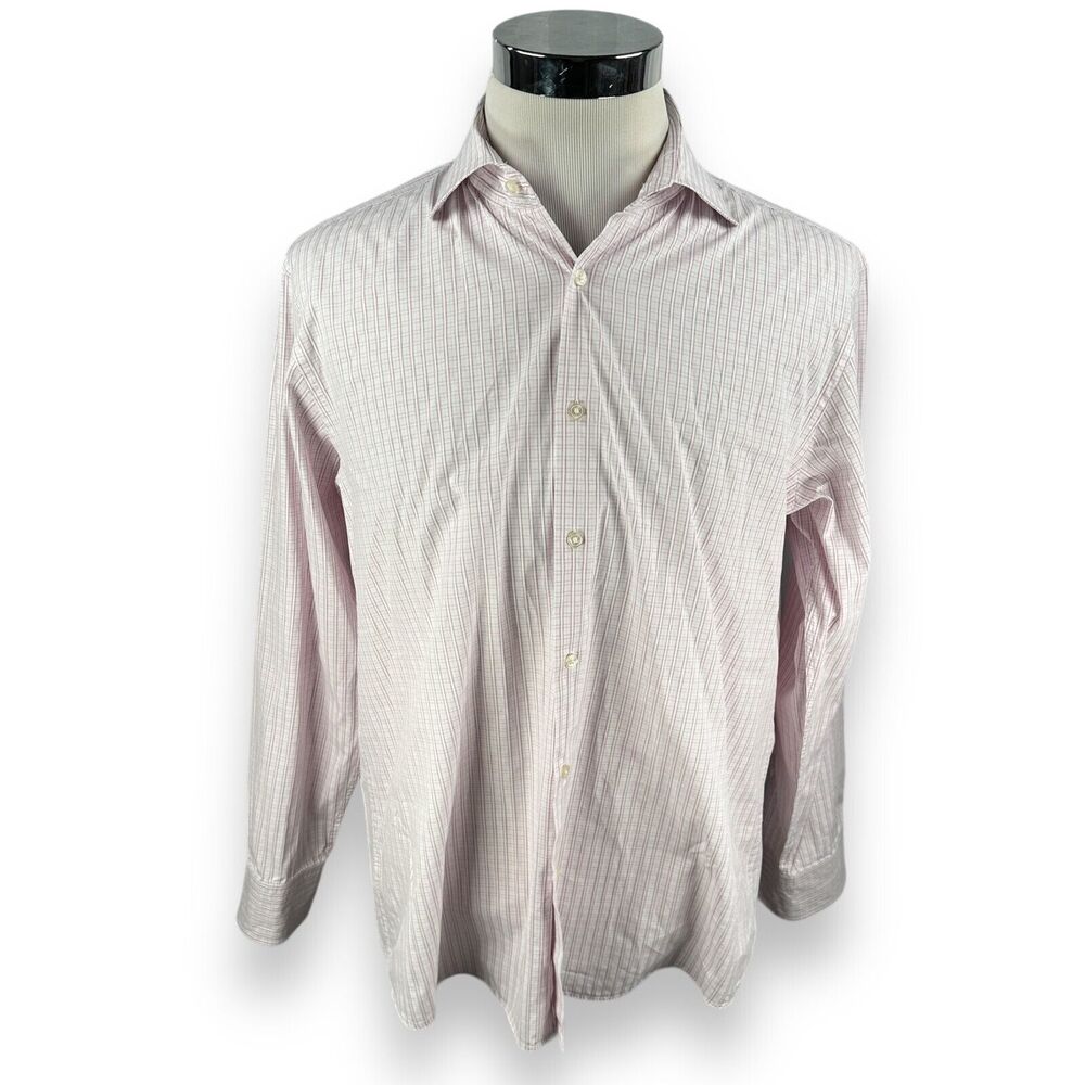 Hugo Boss Gerald Dress Shirt Mens 17.5 34/35 Pink White Checked Cotton Button Up